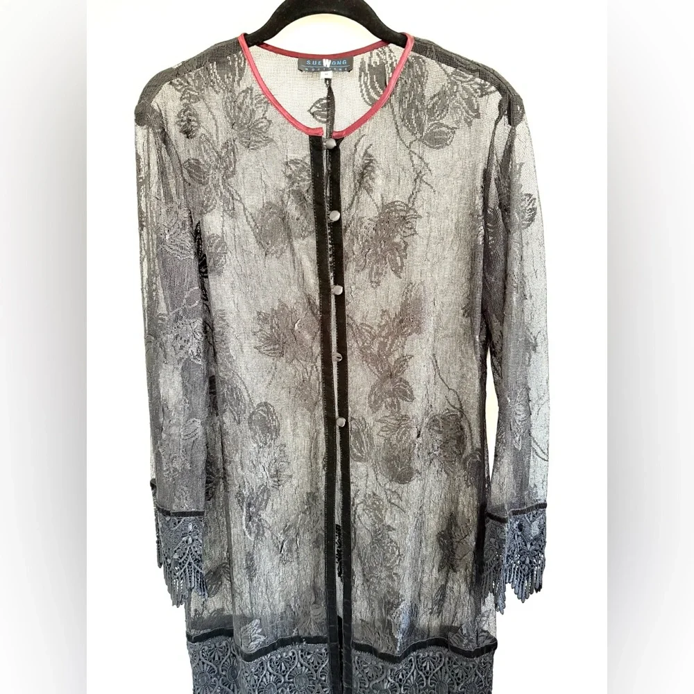 Sue Wong Nocturne Vintage 90s Black Lace Cardigan Jacket Coat Velvet Trim Sz M - Picture 4 of 13